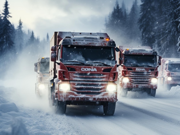 Un convoi de camions sur une route enneigée