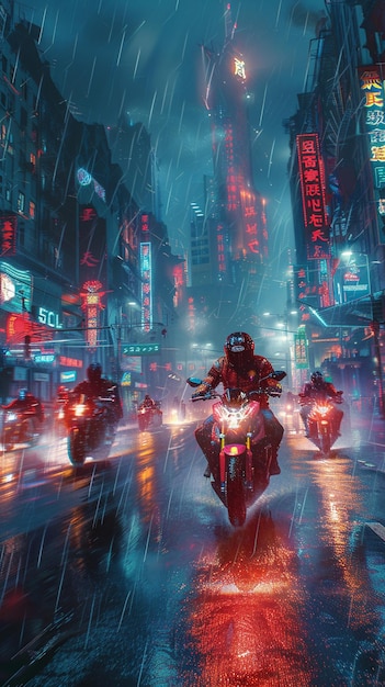 Photo un convoi de motos futuristes en arrière-plan