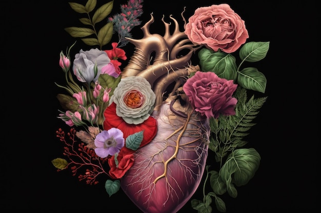 Convolvulus et roses roses lumineuses au coeur humain avec des fleurs