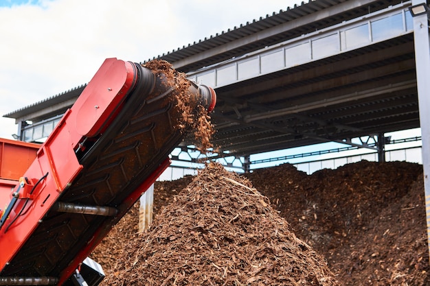 Convoyeur en gros plan d'un broyeur de bois industriel produisant des copeaux de bois à partir d'écorce