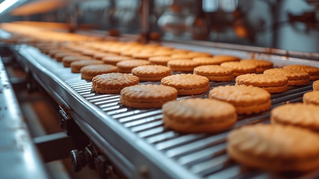 Un convoyeur de lignes de production industrielles prépare des biscuits en parallèle et dans l'espace IA générative