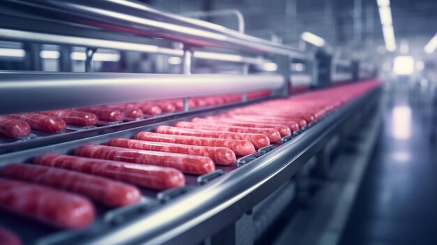 Photo un convoyeur rempli de hot-dogs crus dans une usine