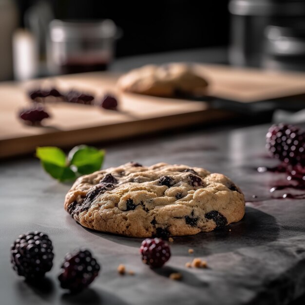 Un cookie aux mûres et un verre de vin sur une table.