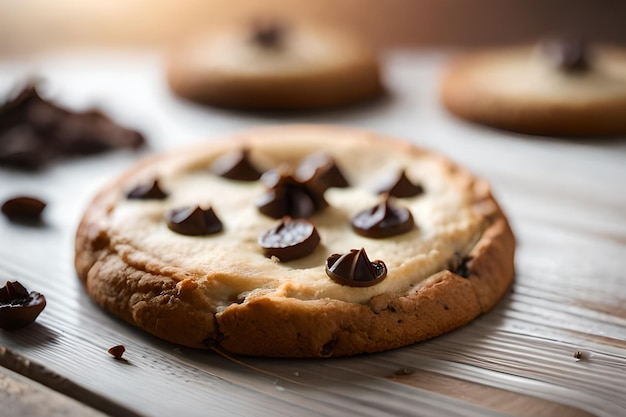 Un cookie avec des chocolats dessus est posé sur une table.