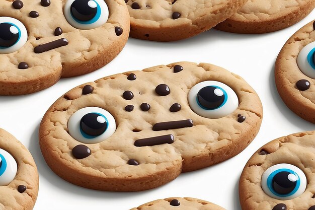 Cookie de dessin animé avec un visage et des yeux sur un fond blanc