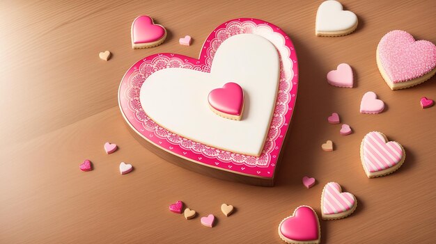 Un cookie en forme de coeur avec des coeurs roses et blancs dessus.