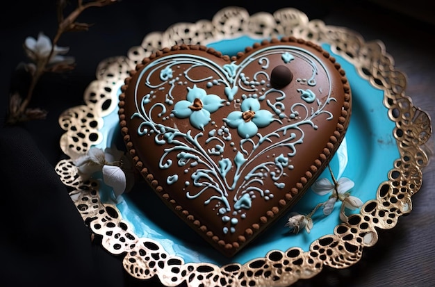 un cookie en forme de coeur est sur une assiette dans le style du folklore graffiti