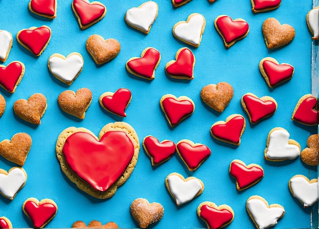 Un cookie en forme de coeur avec un glaçage rouge et blanc et un coeur dessus.
