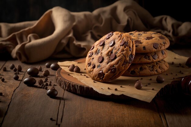 Cookies au chocolat sur une table en bois tourné de cookies aux pépites de chocolat