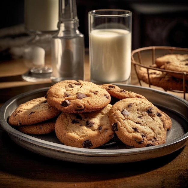 Cookies aux pépites de chocolat sur un plateau métallique avec un verre de lait