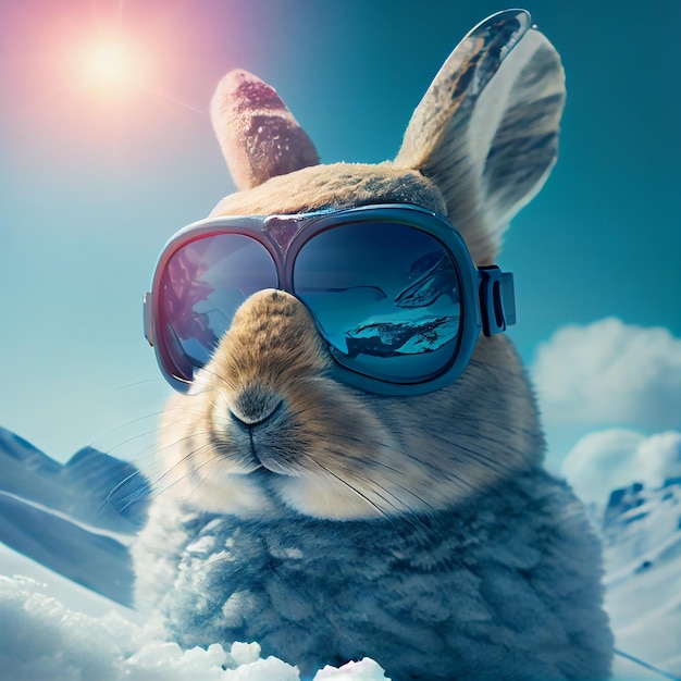 Cool Bunny en lunettes de ski fait du snowboard Illustration Generative AI