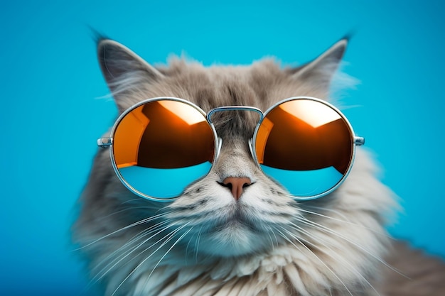 Cool Cat Blue Background avec des lunettes de soleil Generative Ai