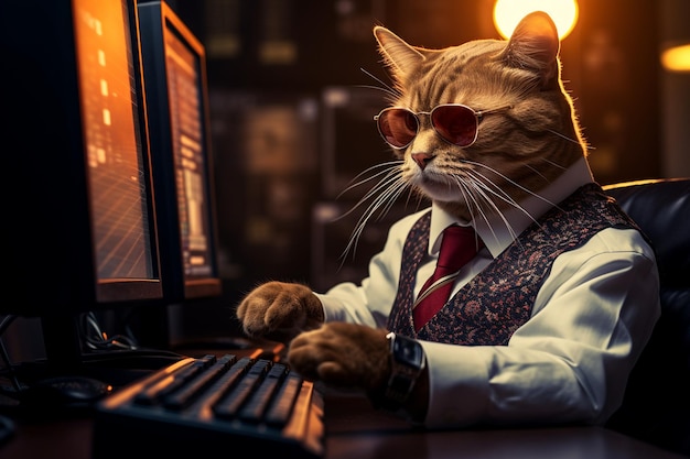 Cool Cat utilisant un ordinateur pour le trading d'actions et portant des lunettes génératives par Ai