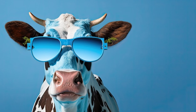 Cool Cow Un bovin lunatique portant des lunettes de soleil sur fond bleu AI générative