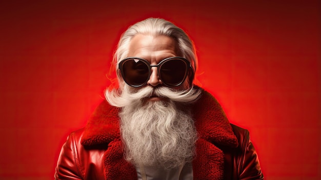 Photo cool hipster père noël avec des lunettes de soleil isolées sur fond rouge