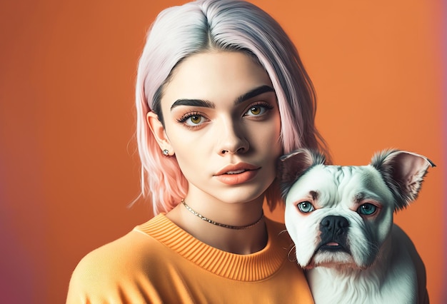 Cool jeune femme influente à la mode avec un chien de compagnie Generative ai