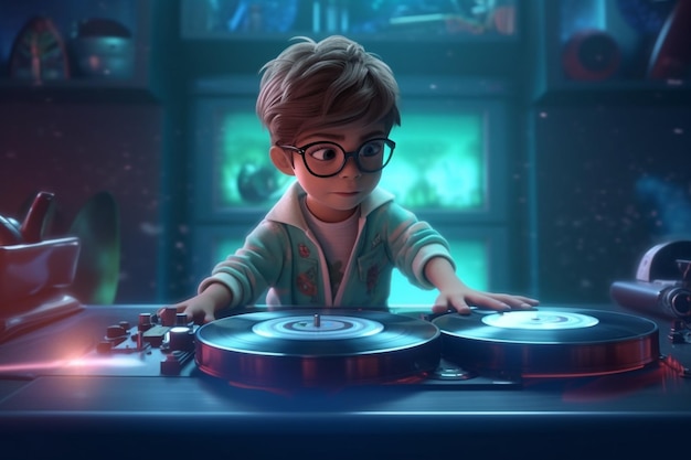 Cool kid DJ tourne de la musique avec des platines AI générative