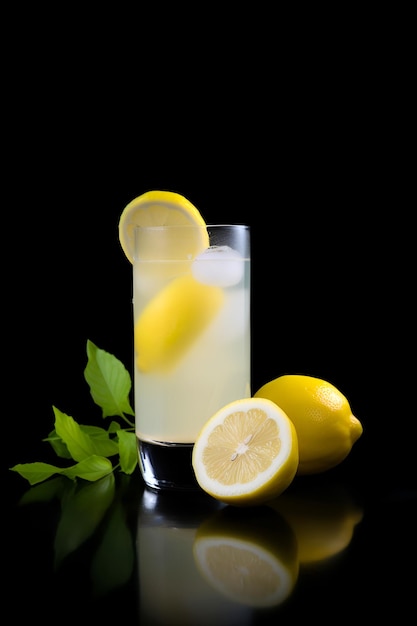 Cool limonade fraîchement préparée et fruits citron sur fond noir Espace pour le texte généré par l'IA