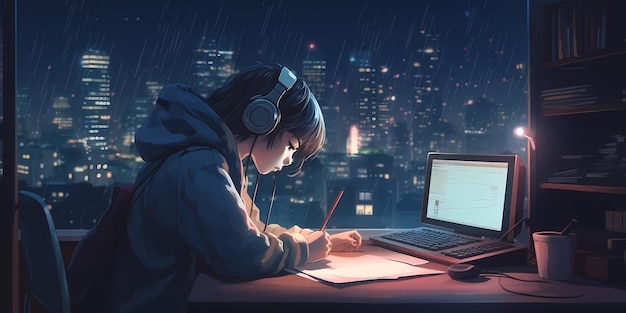 Cool Lofi Girl étudie à son bureau Pluvieux ou nuageux à l'extérieur beau fond d'écran atmosphérique froid 4K streaming fond style lofi hiphop Style manga Anime Generative ai