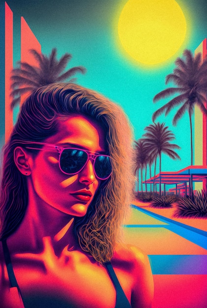 Cool Miami girl 80s and 90s Vibes Fashion and Style Vintage and Retro Girl illustartion texture granulaire