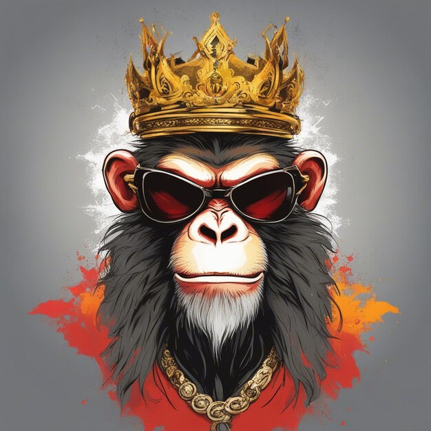 Photo cool monkey king portant des lunettes de soleil et un t-shirt tendance avec couronne