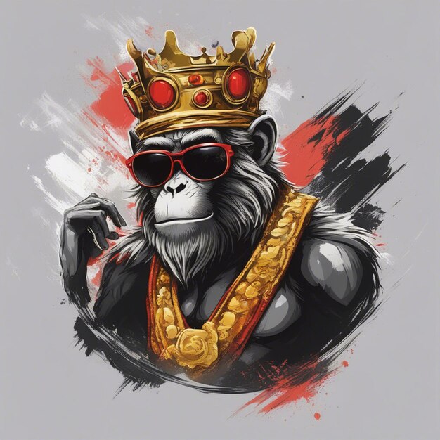 Photo cool monkey king portant des lunettes de soleil et un t-shirt tendance avec couronne