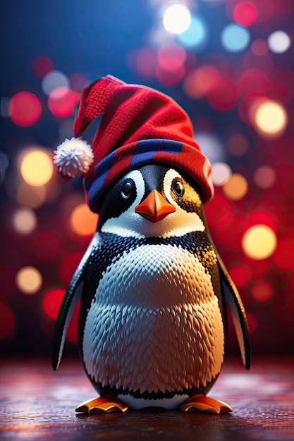 Cool Penguin bonnet de Noel fond rouge ai génératif
