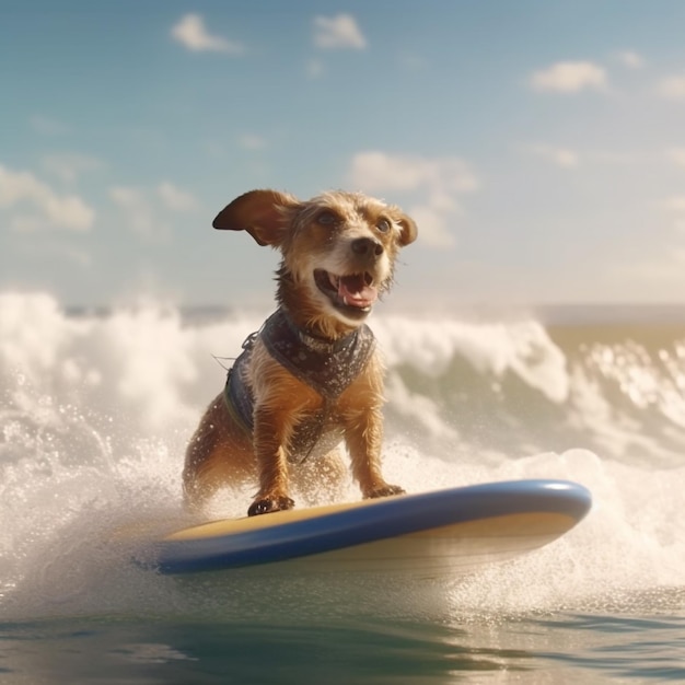 Cool à la recherche de chien Golden Retriever debout sur une planche de surf l'heure d'été Generative AI