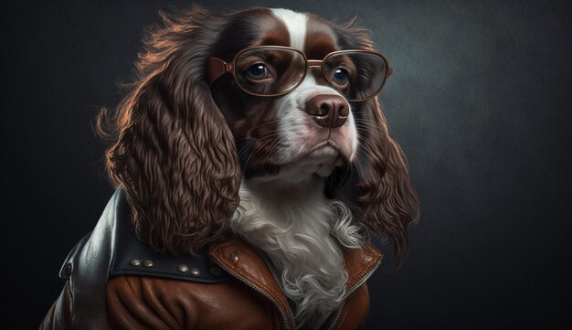 Cool Spaniel dans une veste en cuir et des lunettes de soleil avec un espace pour copier l'IA générative