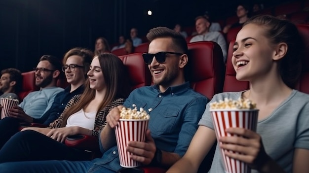 Copains qui rient en regardant un film AI générative en regardant un film et du pop-corn