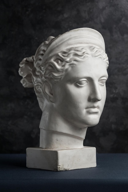 Copie en gypse blanc de l'ancienne statue de la tête de Diana pour les artistes sur un fond texturé sombre. Sculpture en plâtre d'un visage de femme. Diane dans la mythologie romaine la déesse de la nature et de la chasse.