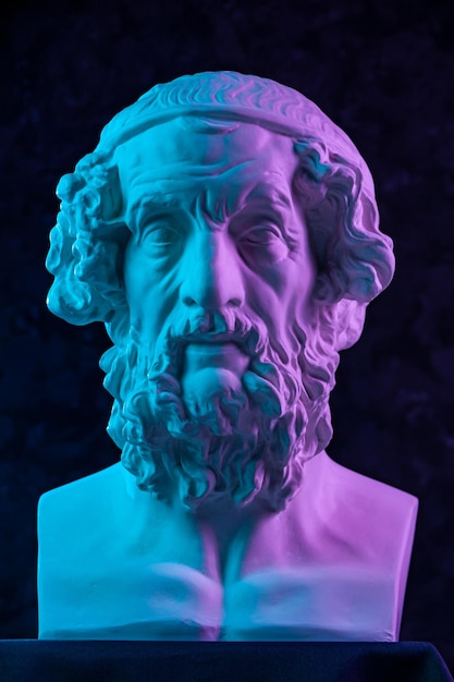 Copie en gypse rose bleu de l'ancienne statue Tête d'Homère pour les artistes Sculpture antique en plâtre du visage humain Poète et philosophe grec ancien Homère est l'auteur légendaire des poèmes Iliade et Odyssée