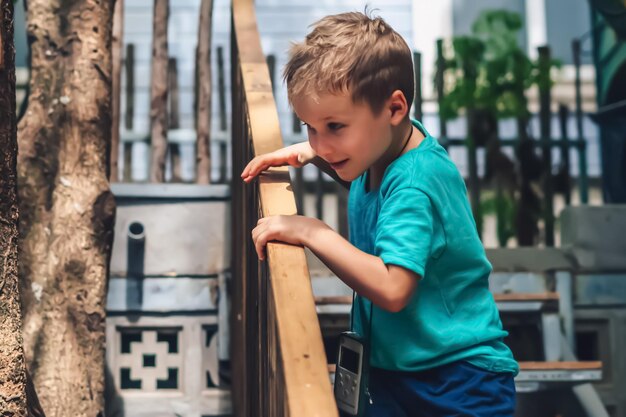 Copier l'espace style de vie garçon bouger aller escaliers en bois regarder loin vers le bas à l'extérieur tenir les mains courantes intrigue jouer l'expression du visage cacher chercher Concept soigneusement rechercher nouveau attendre l'éducation enfants jeux de biens pour enfants