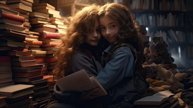 Copier des filles de l'espace avec des livres dans leurs bras