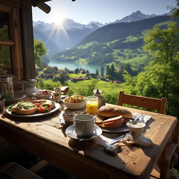 Copieux petit déjeuner rustique sur table en bois