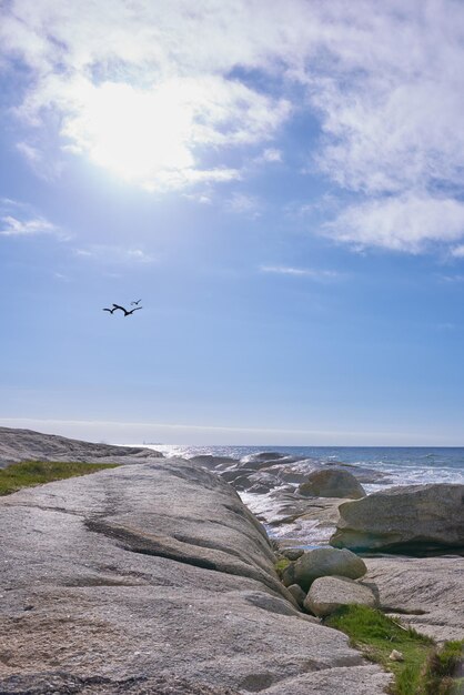 Copiez l'espace en mer avec des oiseaux volant sur fond de ciel bleu et sur la côte rocheuse de La Palma Îles Canaries Espagne Vagues se brisant sur les rochers de la plage contre une escapade pittoresque dans un paysage tropical