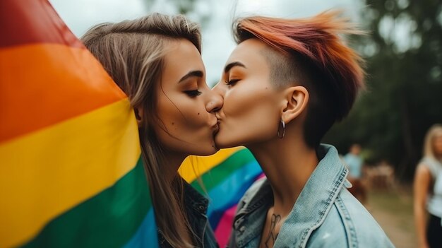 Cople lesbienne embrassant le fond du drapeau LGBT Generative Ai