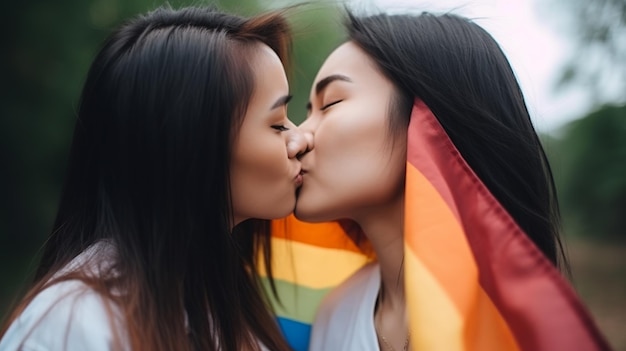 Cople lesbienne embrassant le fond du drapeau LGBT Generative Ai