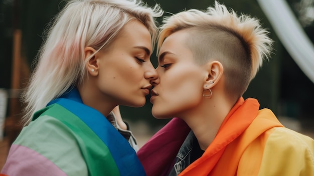 Cople lesbienne embrassant le fond du drapeau LGBT Generative Ai