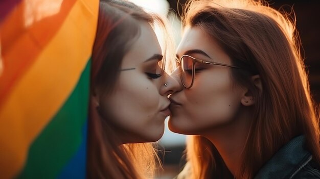 Cople lesbienne embrassant le fond du drapeau LGBT Generative Ai