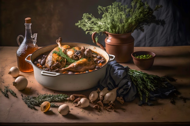 Coq au vin français traditionnel avec poulet braisé et légumes, oignons, champignons