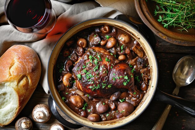 Un coq au vin, un plat traditionnel français composé de poulet braisé au vin rouge, de champignons et d'herbes