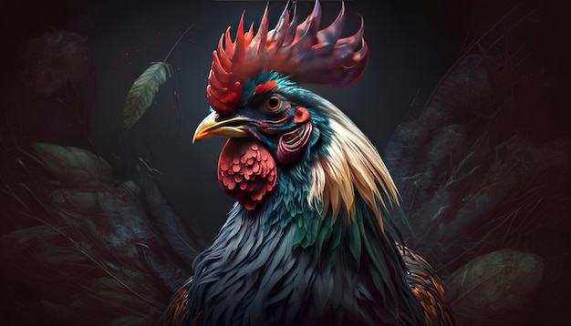 Un coq dans une pièce sombre