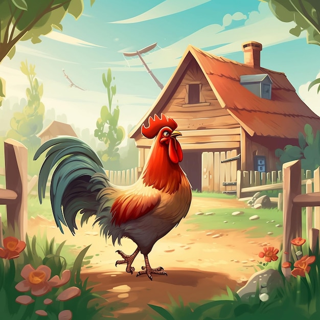 Coq de dessin animé mignon sur l'IA générative de la ferme