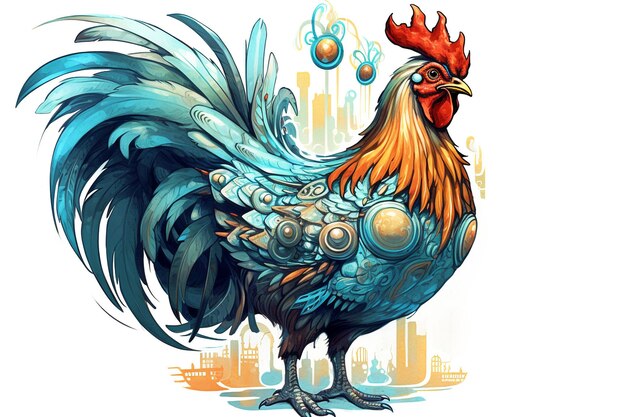 Un coq avec un dessin bleu et or dessus