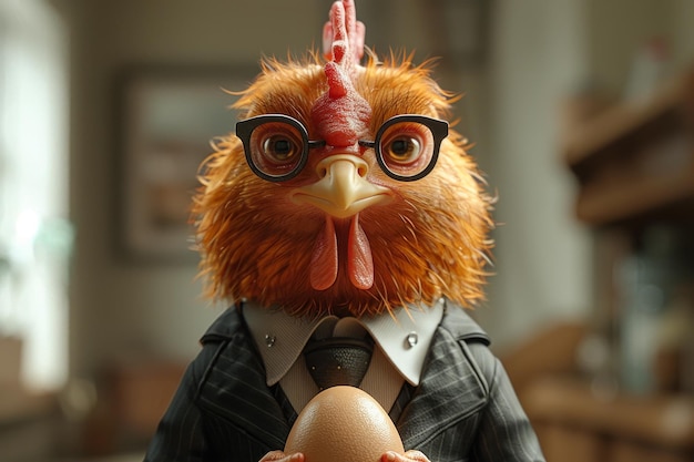 Le coq est un homme d'affaires avec un œuf illustration 3D