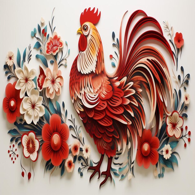 un coq avec des fleurs et un coq dessus