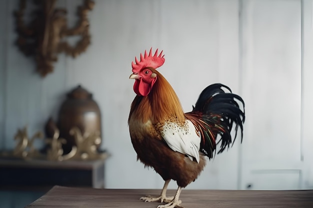 Coq sur fond de bois blanc ai