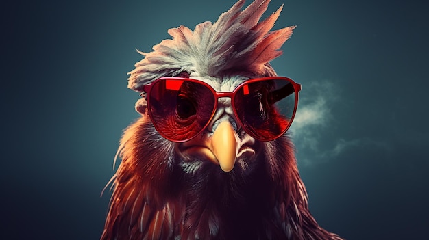 Un coq avec des lunettes de soleil et des plumes rouges.