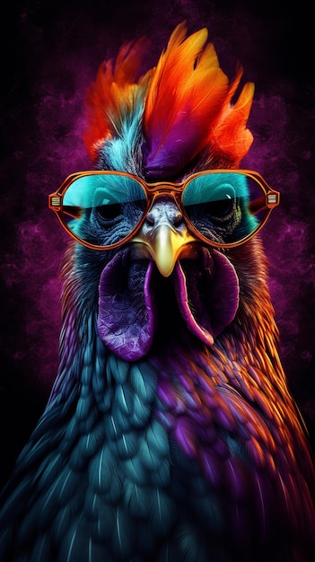 Un coq avec des lunettes de style psychédélique.